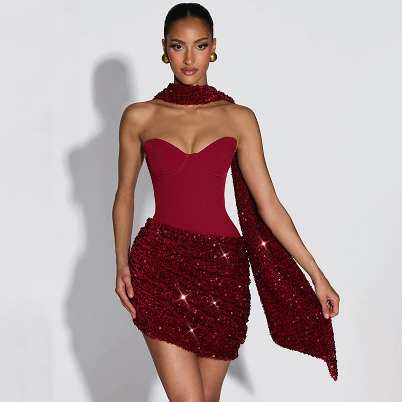 

Typhaland Sequins Sparkling Strapeless Dress Women's Ribbon Ruched Slim Sexy Mini Dress Streetwear Summer Female Party Dress