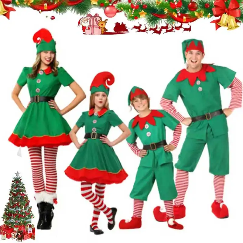 

Christmas New Year Elf Cosplay Costume Santa Claus Green Family Carnival Party Fancy Dress Clothes Set For Kids Adult Girls Boys