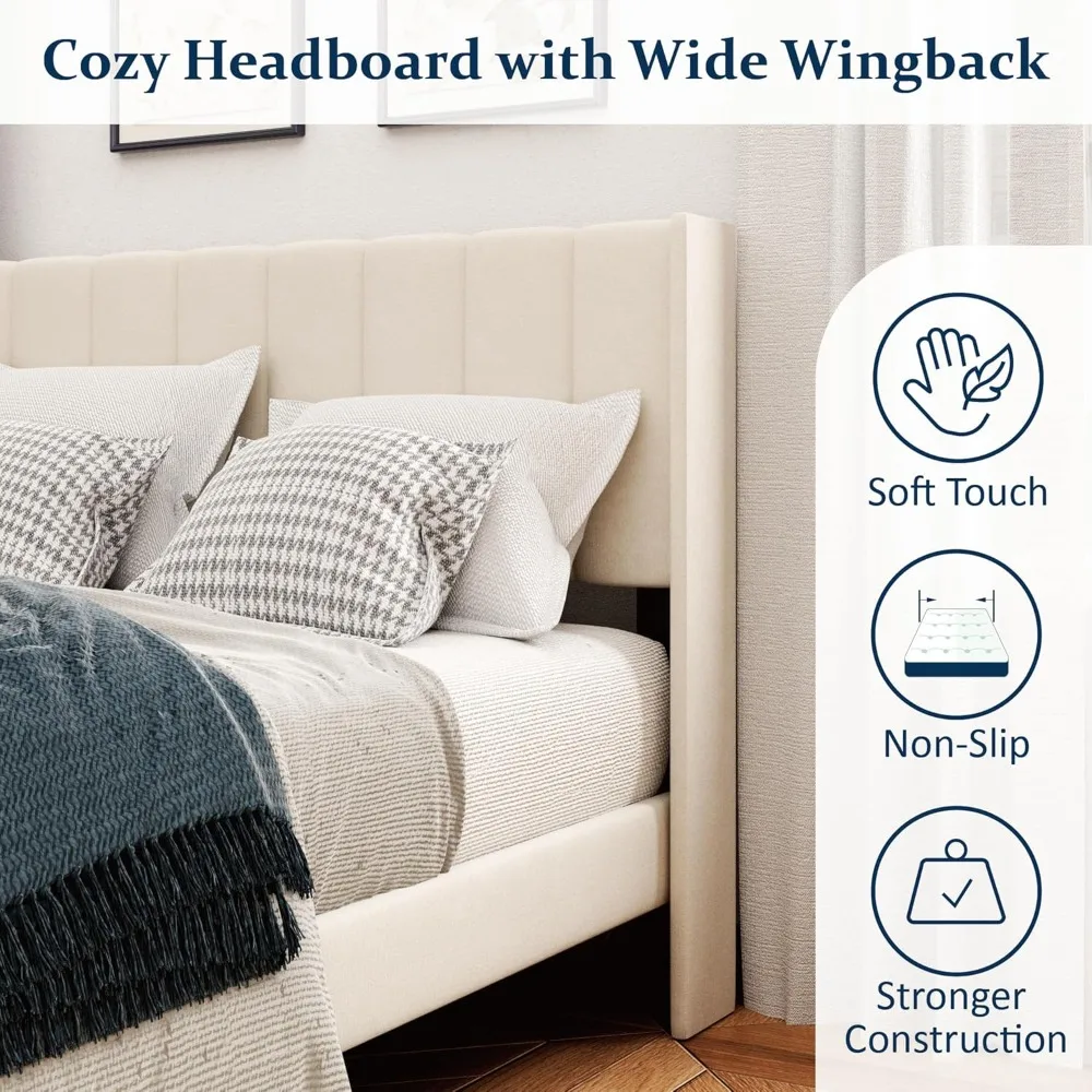 Queen Bed Frame with Headboard,Bed Frame Queen Size Vertical Channel Tufted Wingback No Box Spring Needed, Bed Frames