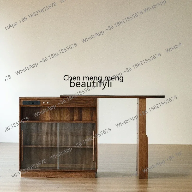182C Black walnut telescopic bar cabinet, rock slab island partition cabinet  living room balcony storage cabinet dining side