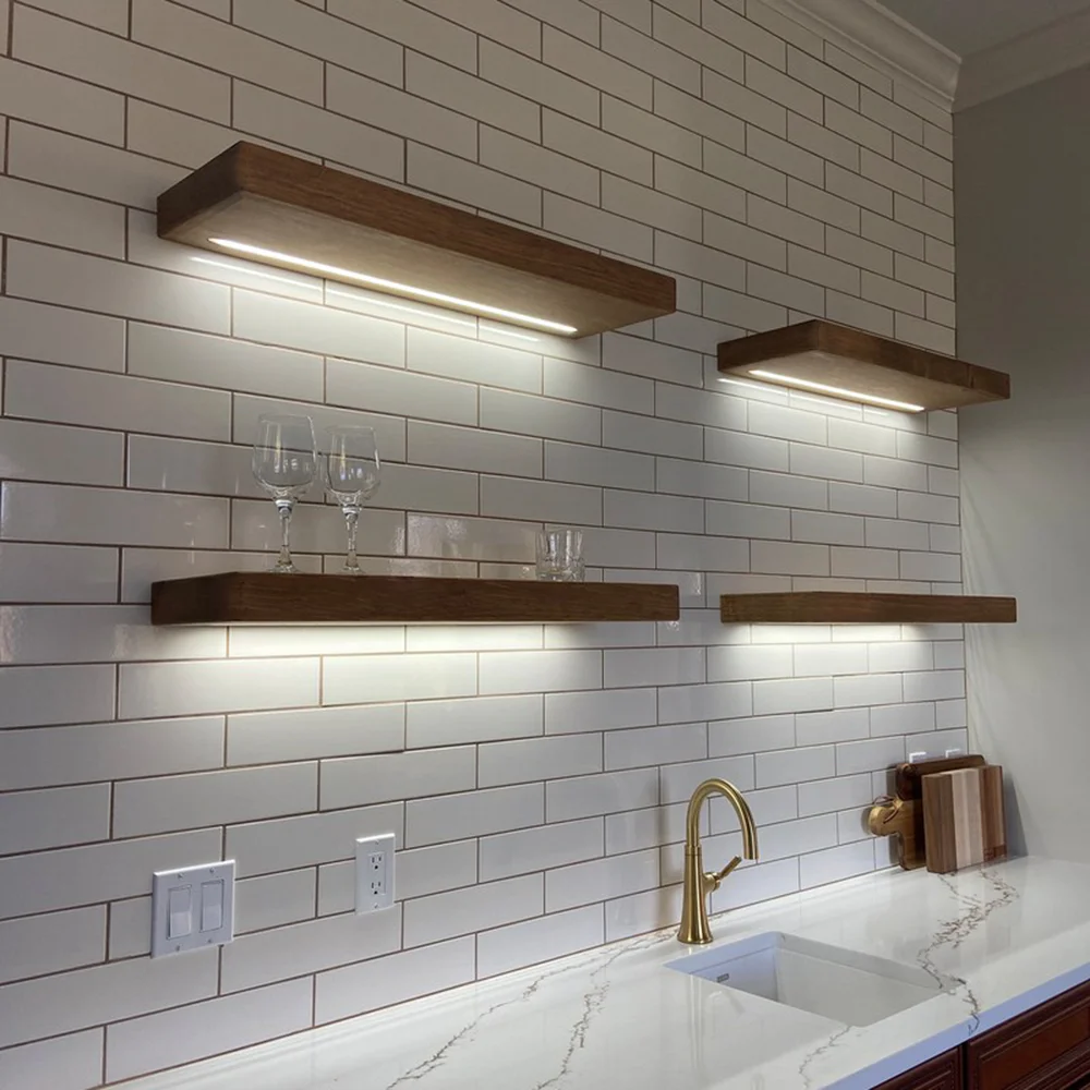 Custom floating wooden shelves with angular storage racks and kitchen furniture