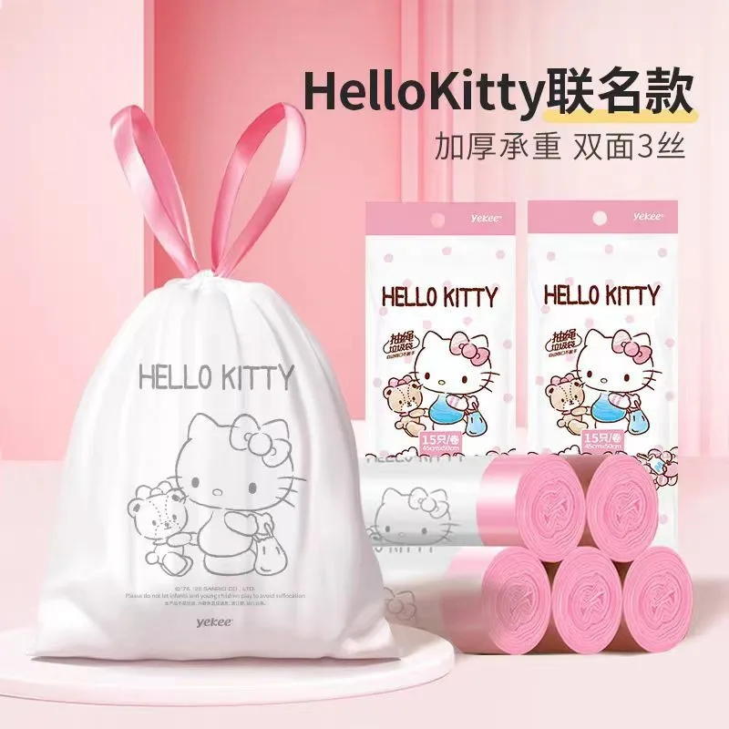 

Hellokitty Doll Printed Garbage Bag Household Drawstring Thickened Kitchen Room Garbage Bag One Roll 15 Pieces/pack