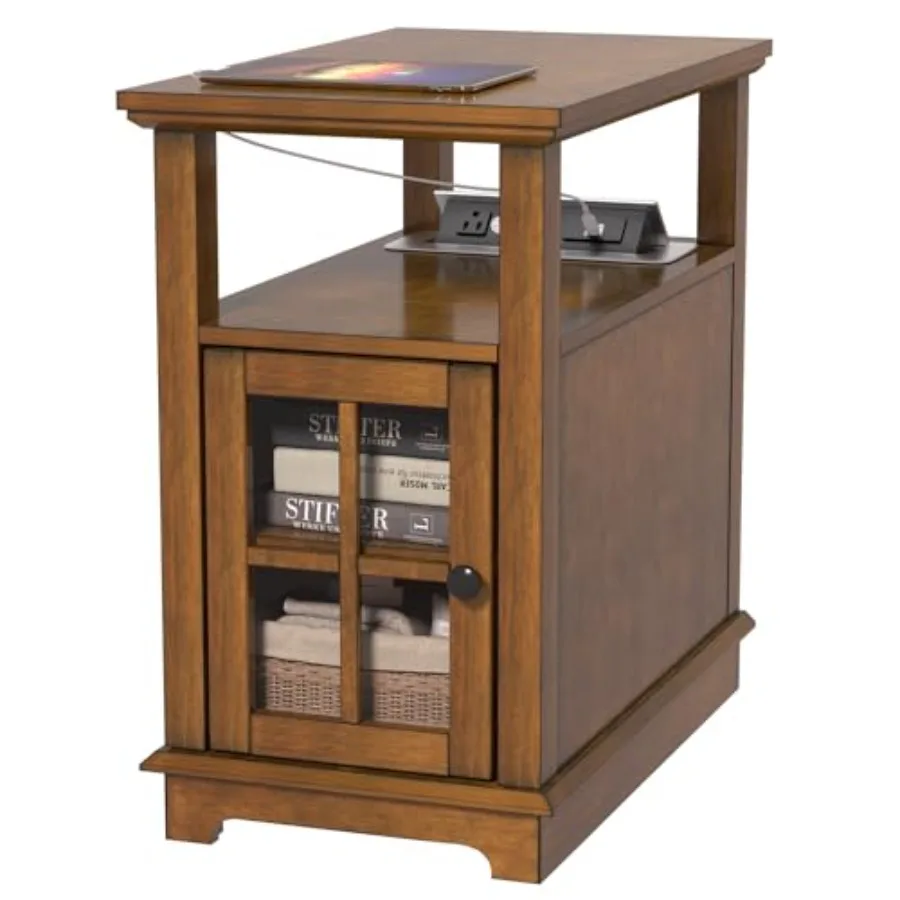 End Table with Flip Top Charging Station Adjustable Shelf Type-C USB Port Power Outlets Wooden Nightstand Side Table with Stora