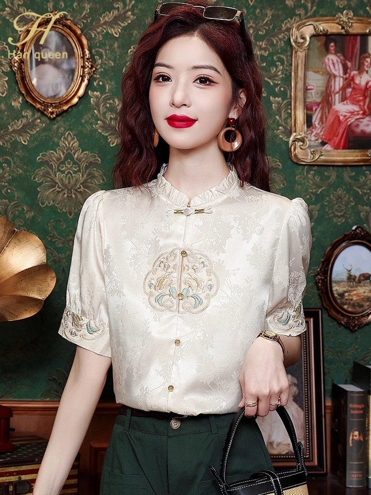 H Han Queen 2024 Summer Embroidery Japanese Vintage Clothes Elegant Chiffon Blouses Loose Casual Short Sleeve Shirts Women Tops