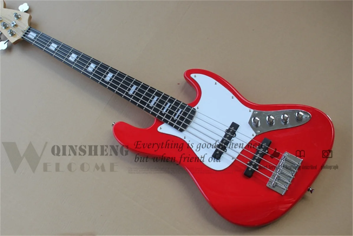 

5 Strings Bass Guitar Red Jaz Bass Rosewood Fingerboard Maple Neck Active Battery Fixed Bridge White Pickguard