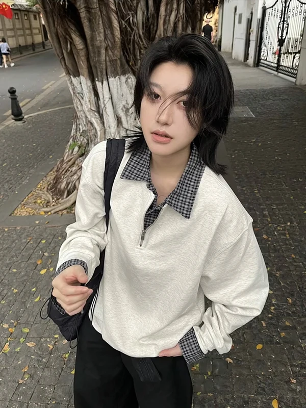 

American Style Collar Sweatshirt Men's Long Sleeve Patchwork Spring Breathable Loose Fit T-Shirt Upper Body