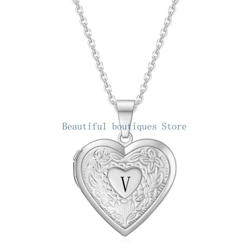 U4LF Elegant Heart Shaped Frame Necklace Engraved Letter Charm Steel Chain