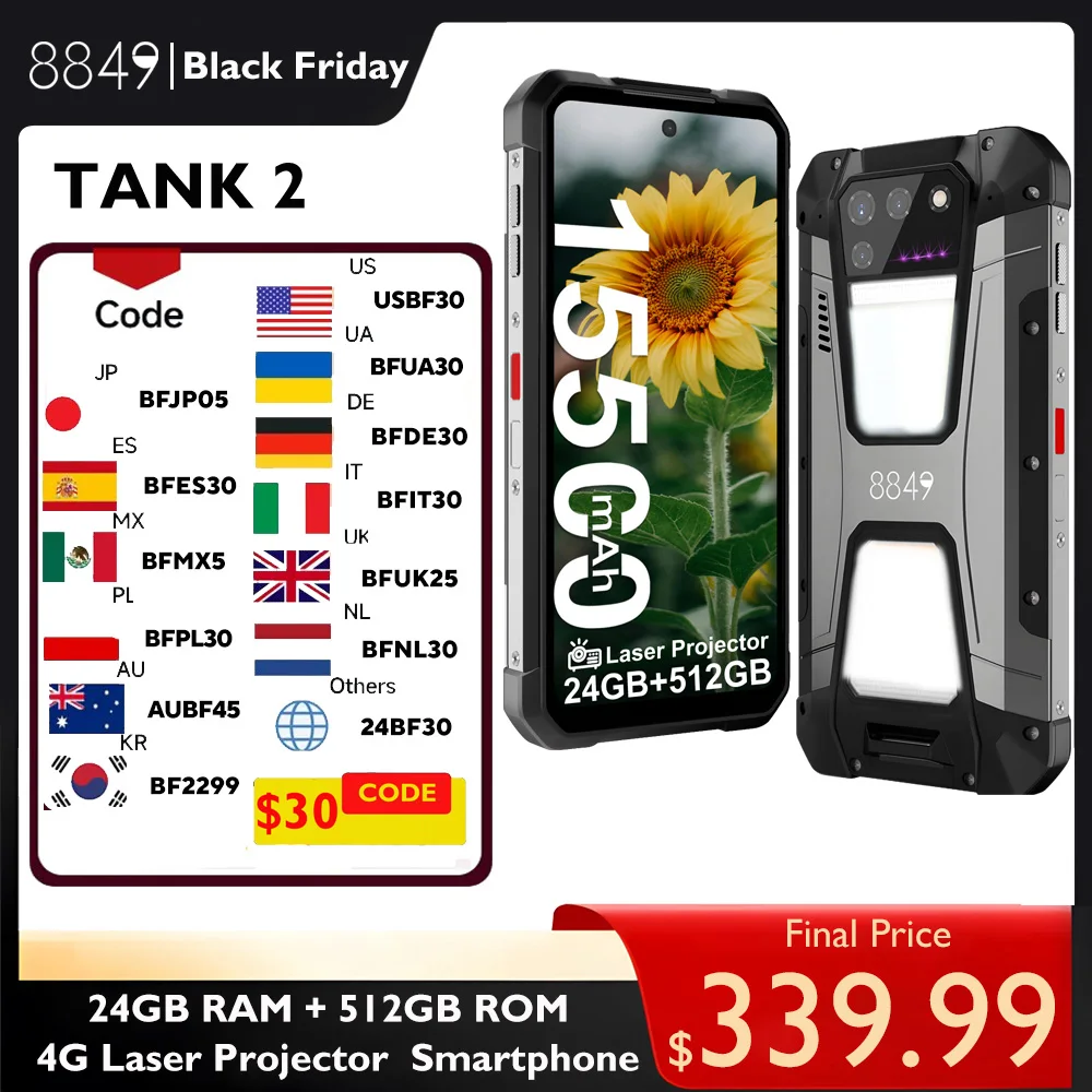 8849 Tank 2 Rugged Smartphone with laser Projector22GB+512GB 108MP 64MP Camera Super Night Vision G99 15500mAh Camping light