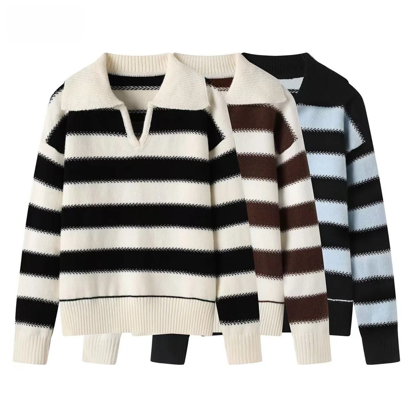 

Ele женский свободный крой полосатый трикотажный свитер с воротником, удобный повседневный свитер Long Sve, осень-зима, Новое поступление