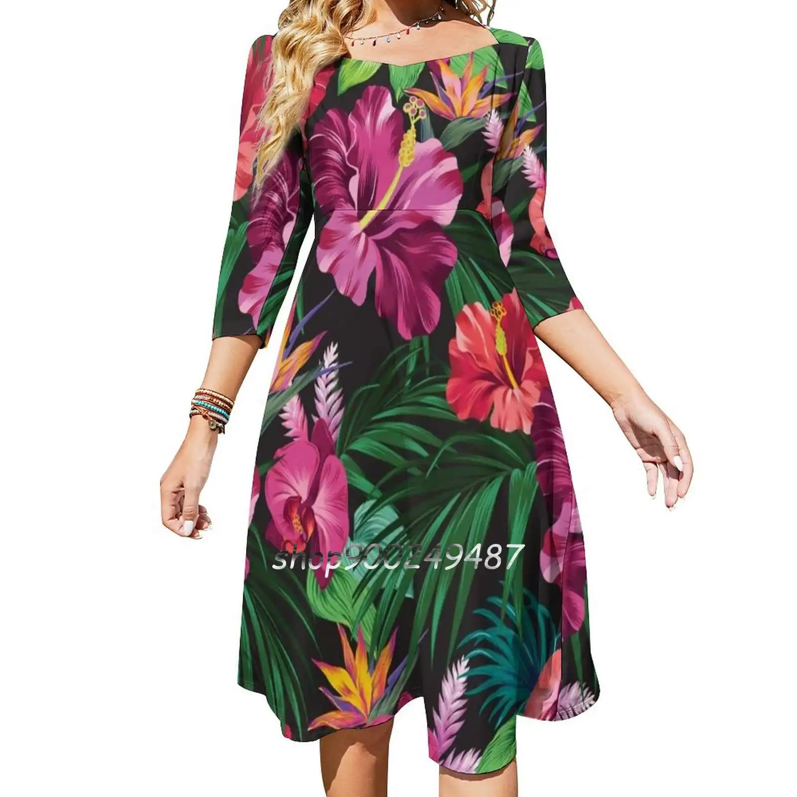 

Возьмите меня с собой. Платье с тропическим принтом и квадратным вырезом, новое элегантное женское облегающее платье с поясом, тропический Гибискус