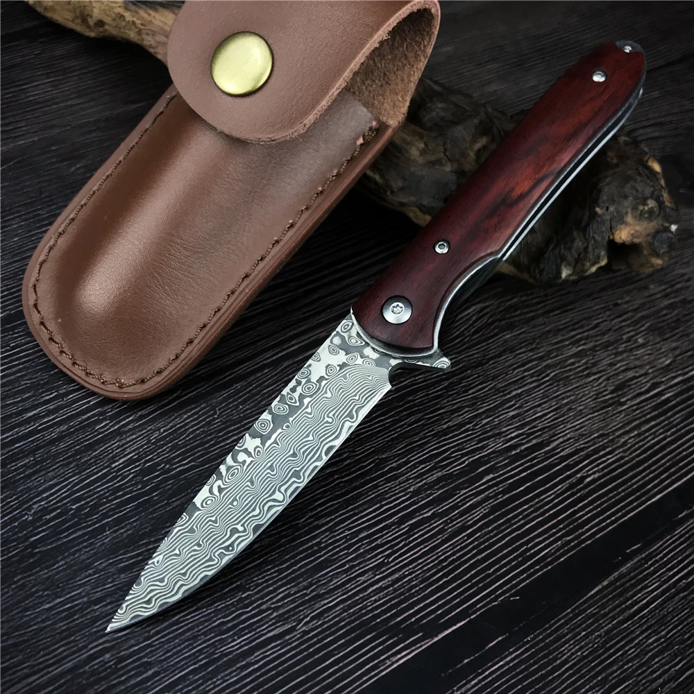 

Damascus Steel Folding Pocket Knife Wood Handles Ourdoor Tactical Utility Tools Hunting Camping Self Defense Survival EDC Knives