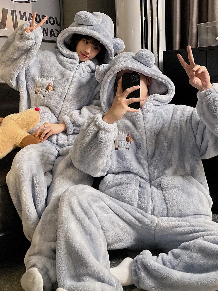 

DAIMELU Coral Fleece Flannel male Pajamas men's long sleeved Winter plus size Thickened Warm boy Hooded nightwear Set sleepwear