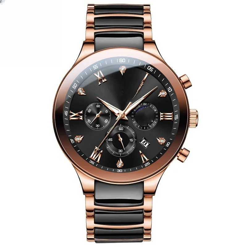 OLEVS 럭셔리 스포츠 비즈니스 크로노그래프 시계 방수 세라믹 쿼츠 스테인리스 스틸 밴드 합금 케이스 포인터 다이얼