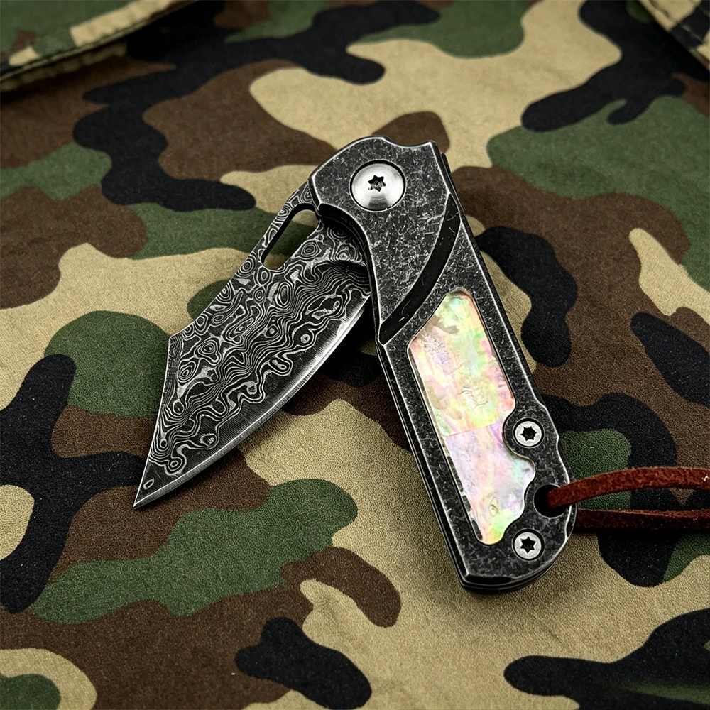 Premium Damascus EDC Knife 420 Steel Handle with Natural Abalone Shell Lightweight Folding Utility Knife for Daily & Outdoor Use