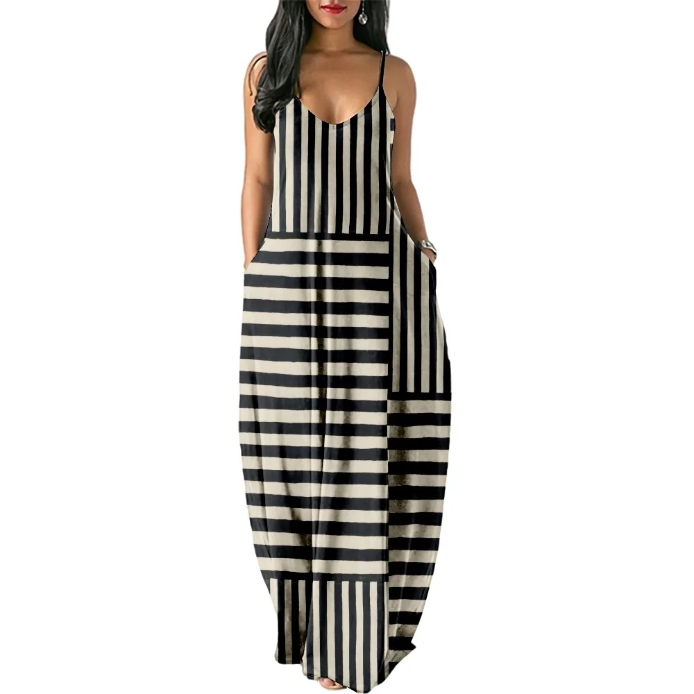 Women Dresses Stripe Print Sexy Sleeveless Midi Backless Party Dress V-Neck Dresses Beach Casual Streetwear robe XL