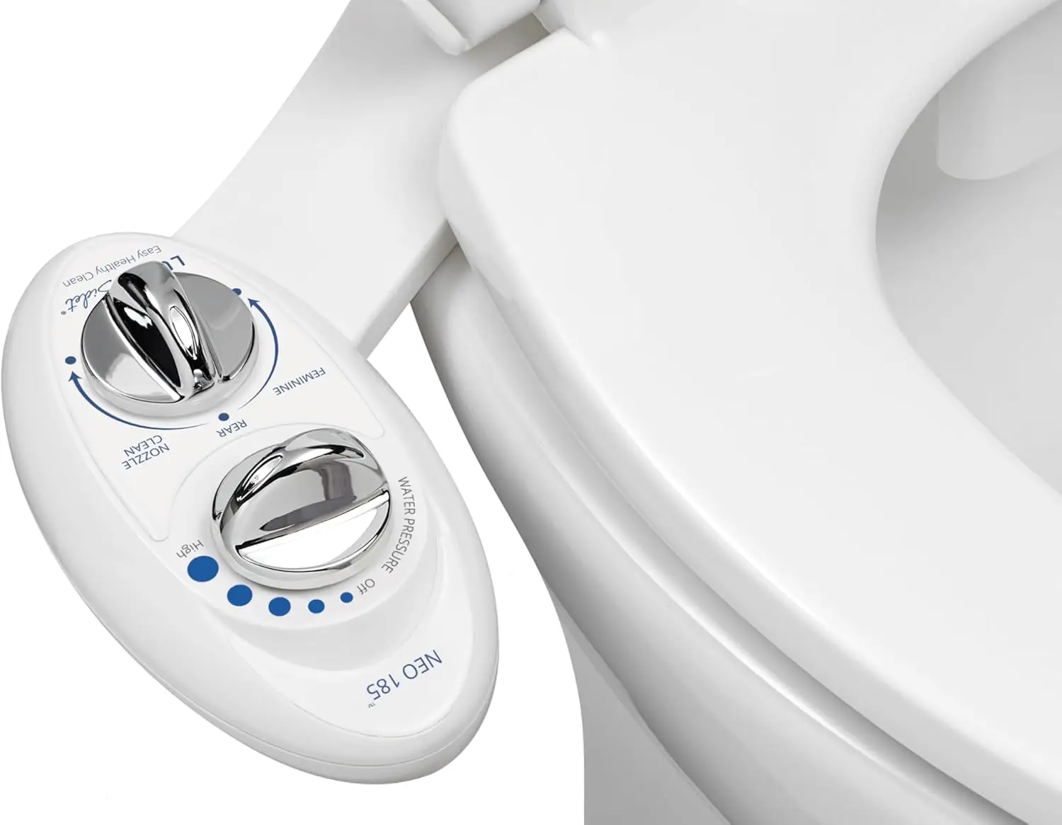 

NEO 185 - Dual Nozzle, Self-Cleaning, Non-Electric Bidet Attachment for Toilet Seat, Adjustable Water Pressure, Rear