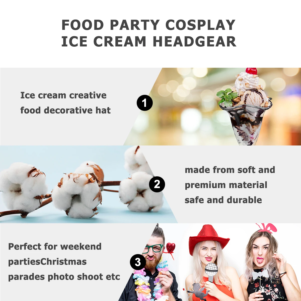 

Ice Cream Headgear Cosplay Food Hat Funny Party Costume Decorative French Fries Shape Reusable Comfortable For Christmas
