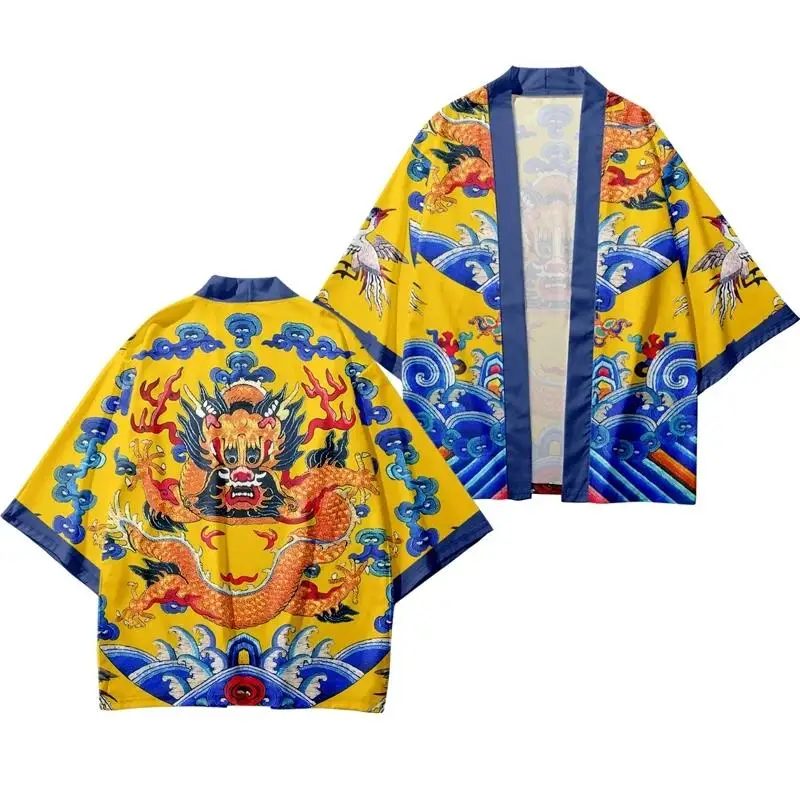 New Arrival Japanese Style Dragon Print Traditional Kimono Men Yukata Cardigan Shirts Cosplay Haori Oversized Streetwear Tops