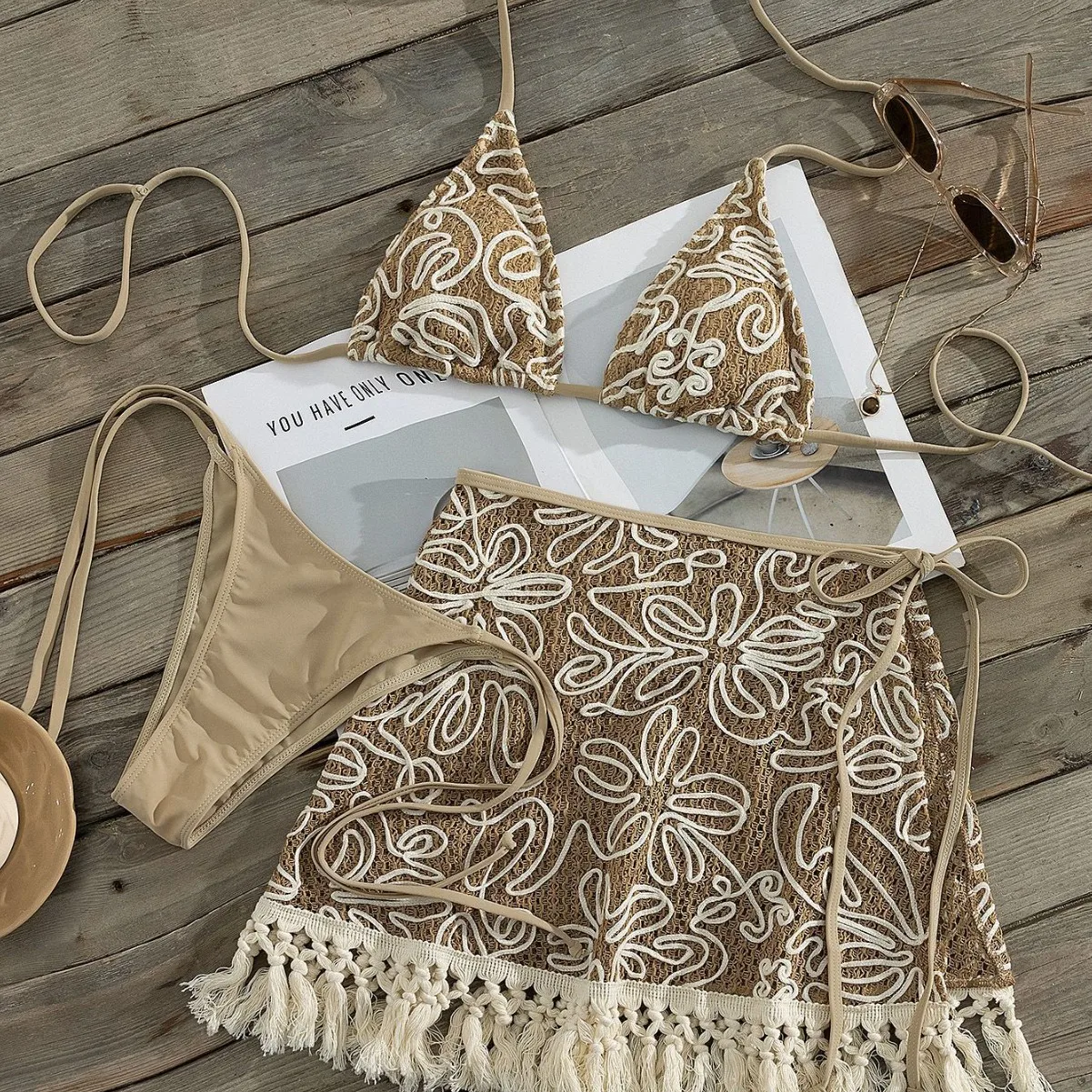 Women Crochet Floral Embroidery 3 Piece Bikini Set Halter Tie Triangle Top Side Tie Tassel Hem Cover Up Skirt Beach Swimwear