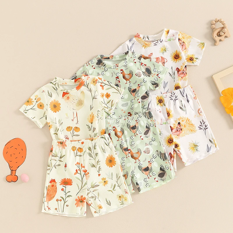 

2024-04-03 lioraitiin 1-5Y Kids Girls Clothes Set Chicken Cow Flower Print Short Sleeve T-shirt with Shorts Summer Outfit