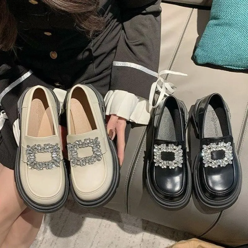 NEW Brand Rhinestone Buckle Shoes Ladies 2024 Thicken Soled Flats Japanned Leather Oxfords Women Casual Slip On Lolita Shoes