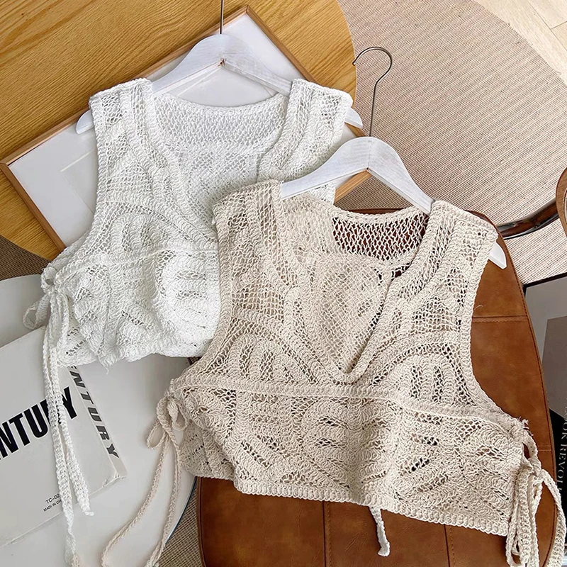 Women Vintage Crochet Cropped Tank Top Boho Hollow Out Knitted Floral Pattern Camisole Summer Sleeveless Cover Up Vest