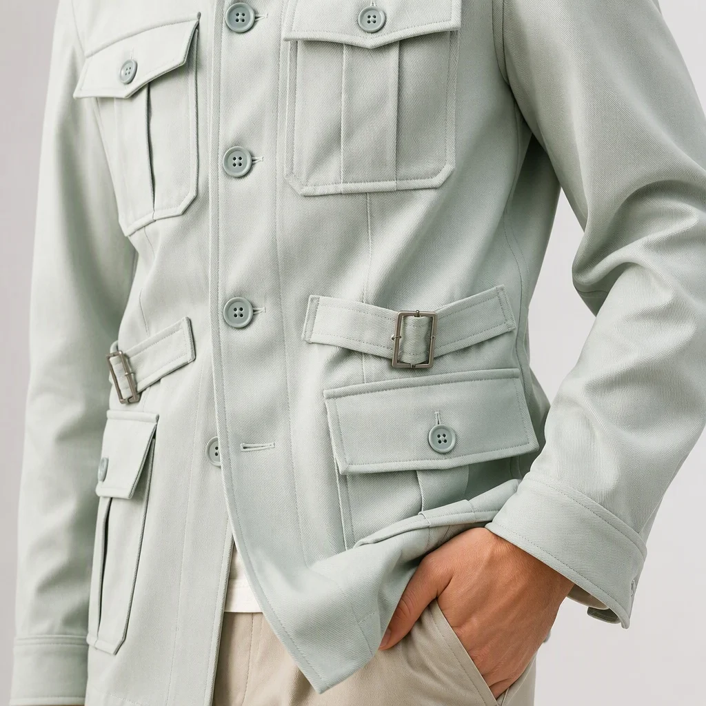 Men's Multi Pocket Safari Jacket Coat Lapel Collar Button Front Waist Strap Casual Outdoor Daily Office Travel Outerwear