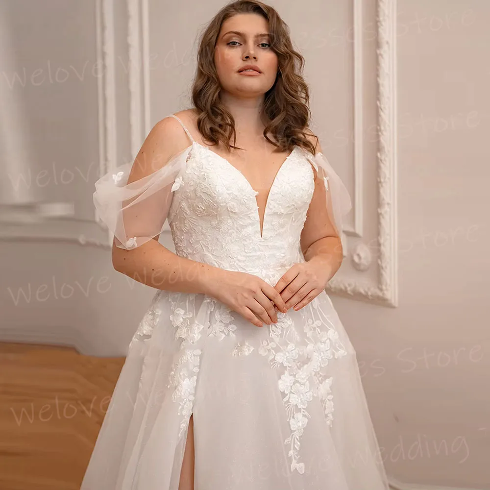 فساتين زفاف نسائية رومانسية على شكل حرف A مزينة بالدانتيل رداء De Mariée فساتين العروس المخصصة بدون أكتاف شق فيستدو دي نوفيا
