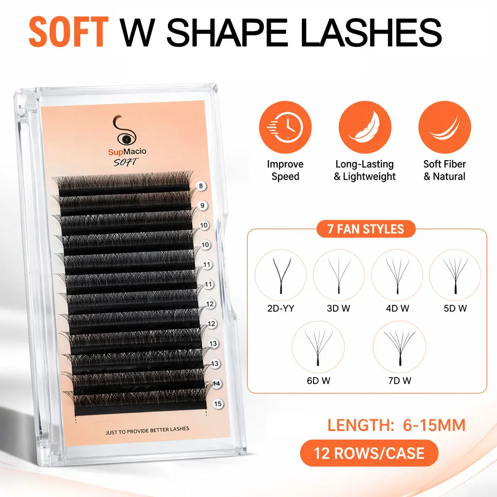 Supmacio W 5D/4D/3D 2D Eyelashes Extensions Premade Volume Easy Fan YY Lash Natural Soft False Eyelash For Custom Logo