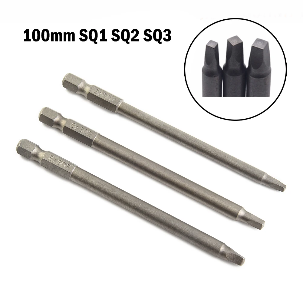 3Pcs 100mm SQ1 SQ2 SQ3 Square Head Driver Bit Electric Screwdriver Bits Hex Shank Steel Screw Driver Repair Hand Tool