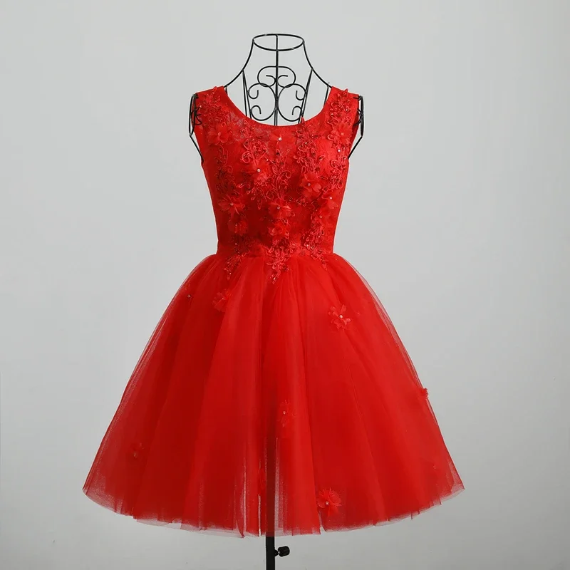 

Customized Prom Dress Red Appliques Floral O-Neck Sleeveless Lace Up Knee-length A-line Plus size Woman Party FOrmal Gown B1664