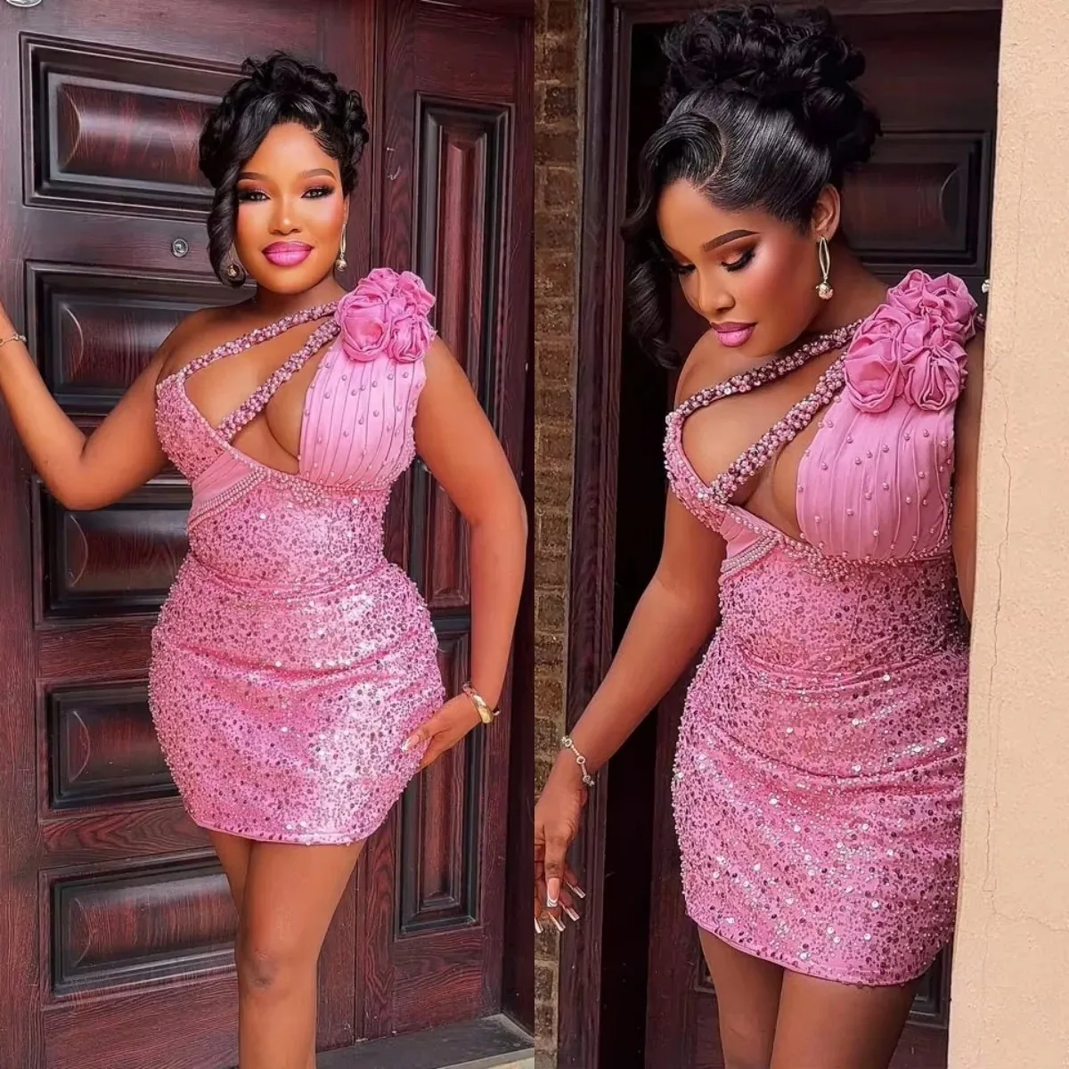 Custom  Sexy Pink One Shoulder 3D Flower Mini Dress Shiny Water Diamond Tight Ball Dress Plus Size African Birthday Party Dress