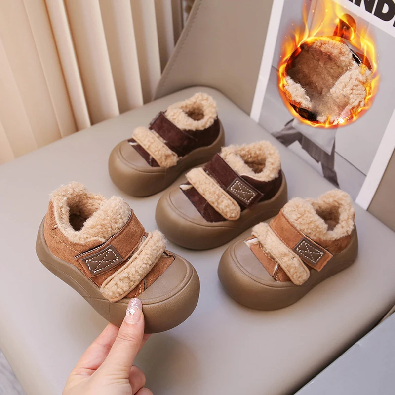 

Faux Fur Winter Shoes For Children PU Leather Vintage Boy's Girl's Boots Soft-soled Anti-slippery Winter Cotton Shoes For Kids