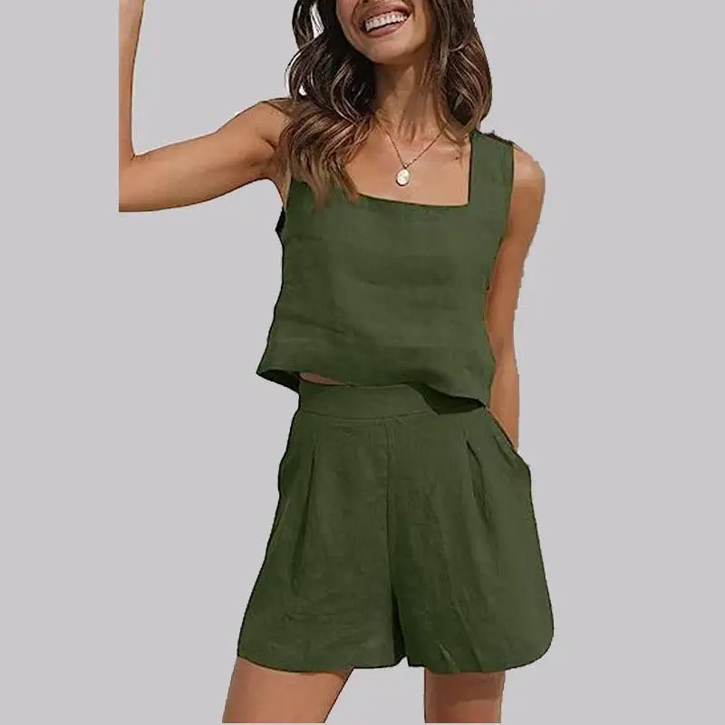 Top de regata sem mangas e shorts de cintura alta com bolsos para mulheres, roupas casuais soltas, verão, conjunto 2 peças