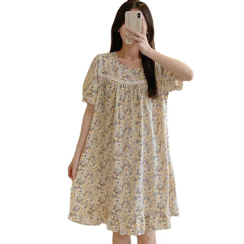 ladies sleep in their dresses Summer style Short skirt Cotton silk loose robe