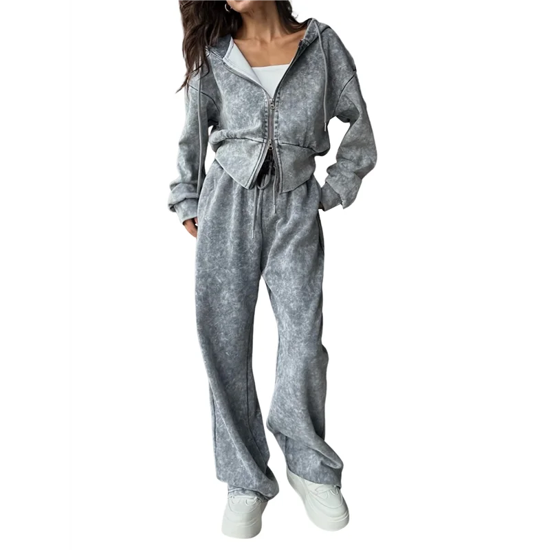 NEU – 2-teiliger Velours-Trainingsanzug für Damen, zweiteilig, weicher Samt-Kapuzen-Trainingsanzug für Damen, Lounge mit Taschen, Grau, M