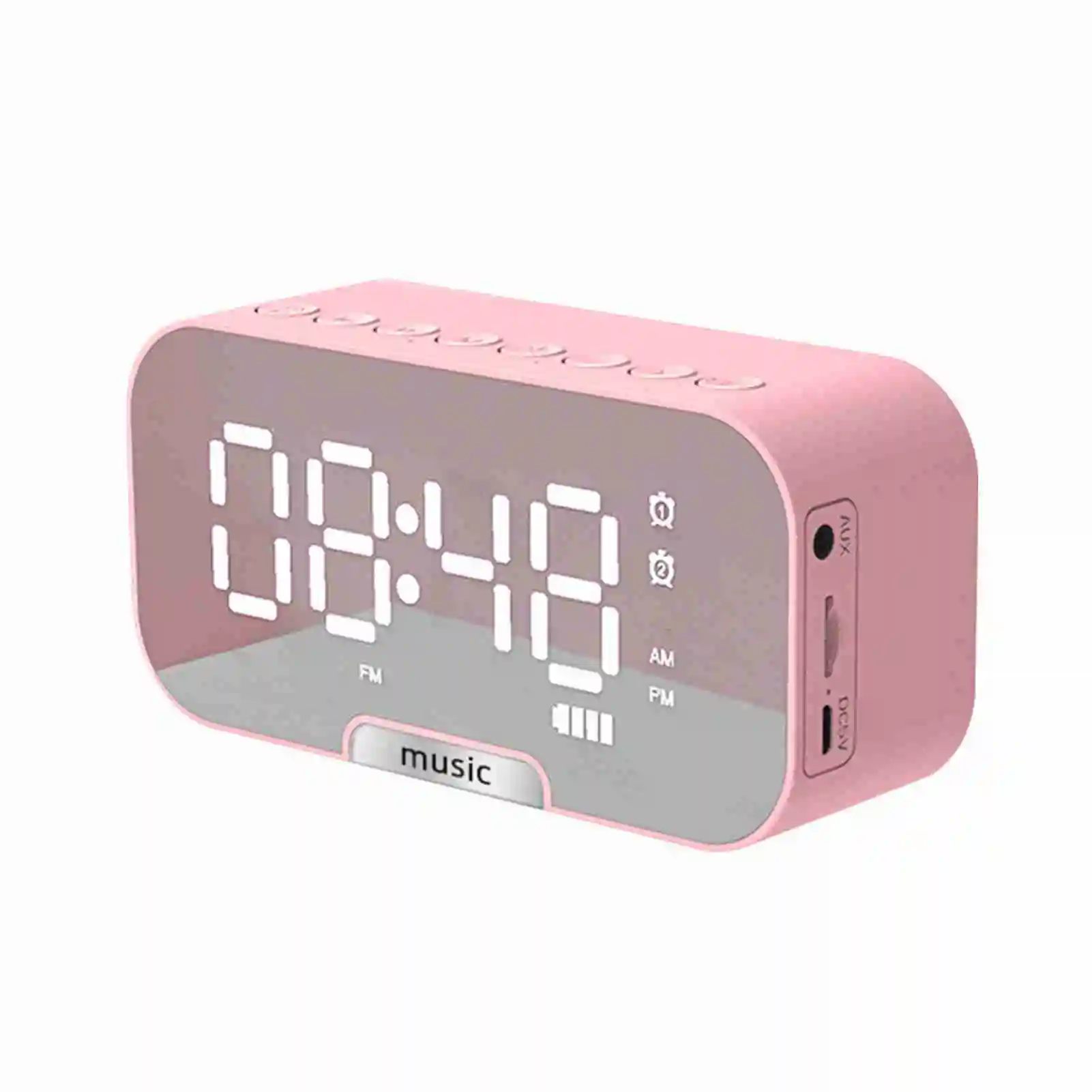 

4-in-1 Digital Mirror Surface Alarm Clock with BT Speaker, FM Radio & Phone Stand, Dual Alarms, Rechargeable