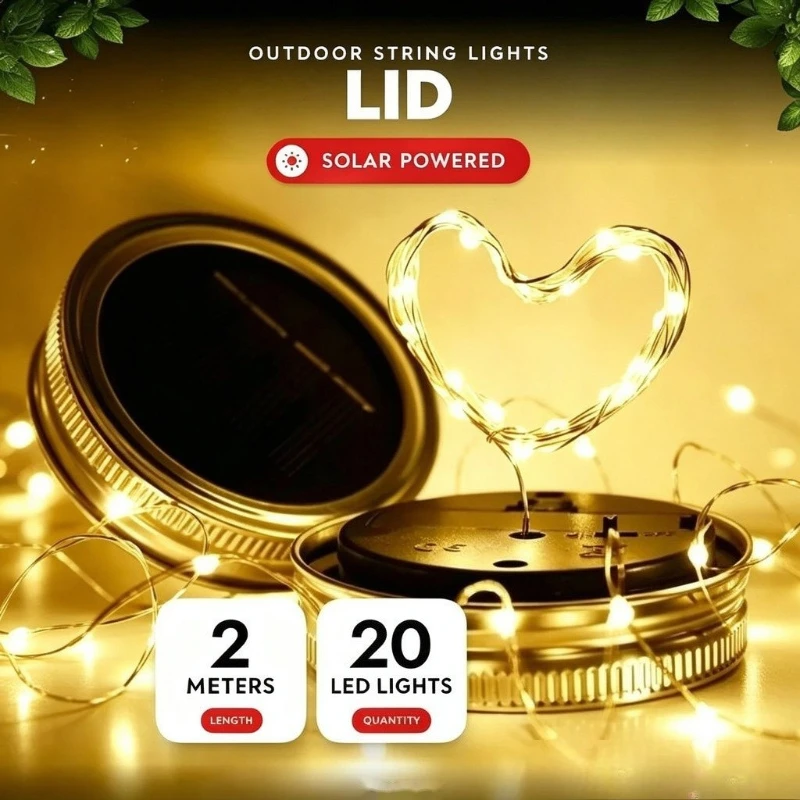 Solar Mason Jar Lid Light 20 Leds Fairy String Lights with Handles for Garden Hanging Lantern Patio Wedding Party (No Jar)