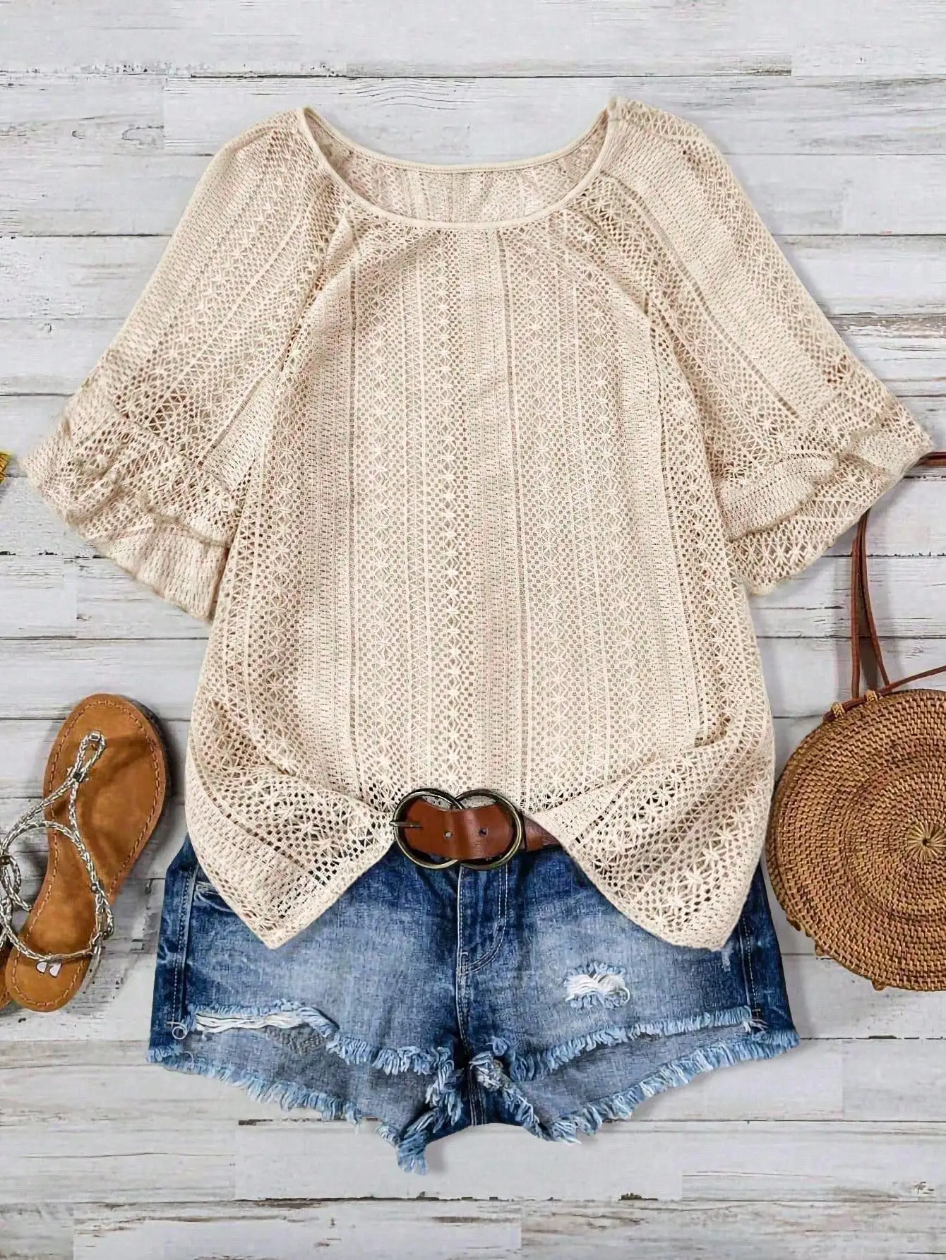 

Women Summer Sheer Lace Top Round Neck Loose Short Sleeve Bohemian Camisole