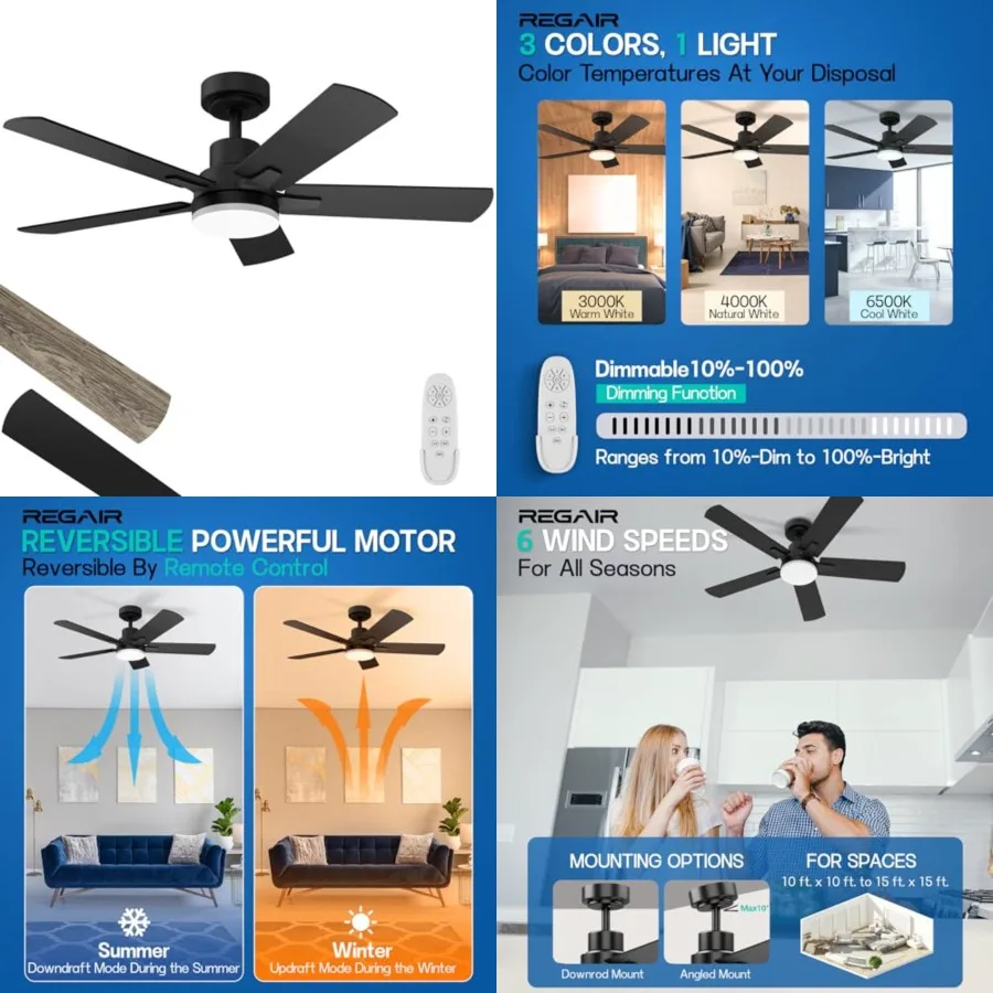 Ceiling Fan with Light, Remote Control Reversible DC Motors, 3CCT Dimmable Timer Noiseless, Black Ceilg Fan for Bedroom Livg Ro
