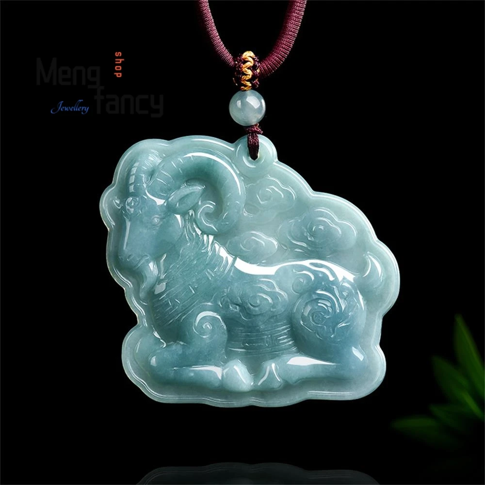 

Natural Genuine Jadeite Blue Water Good luck Accompanied By Clouds Zodiac Sheep Ice-grade Jade Pendant High-grade Luxury Jewelry