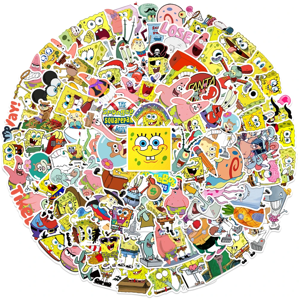 50/100pcs SpongeBob SquarePants Stickers Cartoon Laptop Car Refrigerator Motorcycle Luggage Waterproof Gift Children Toy Deals