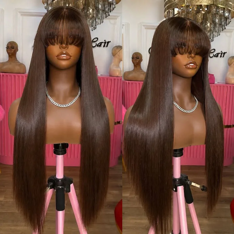 Chocolate Brown Silky Straight Long 26Inch Fringe Human Hair Cheapest 13x3 Lace Front Wigs for Black Women Glueless 360 Lace Wig