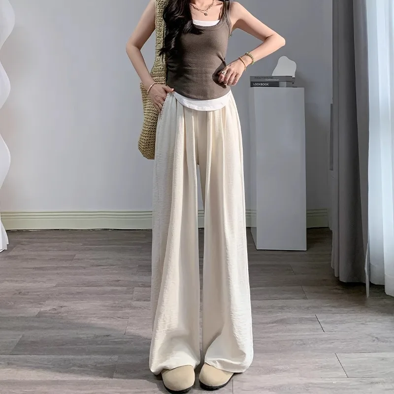 White Yamamoto For Women 2024 New Summer Thin Style Acetate Casual Milk Puff Ice Silk Wide Leg Pants