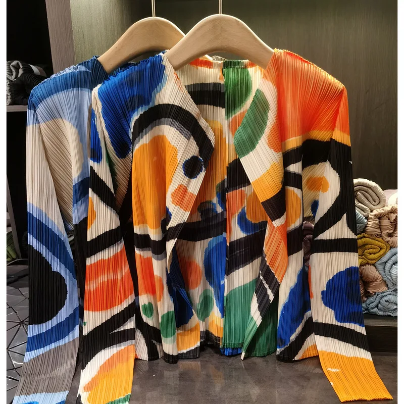 Miyake Pleated Printed Jacket 2026 Autumn New Simple Fashion Design Long Sleeve Stripe Top Women Short Coat