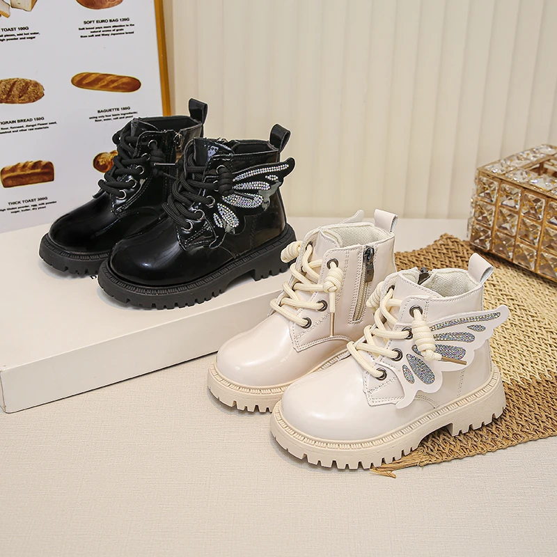 Kids Girls Patent Leather Ankle Boots, Rhinestone Butterfly Wings Decor Lace‑Up Side Zipper Thick Sole Boots Autumn