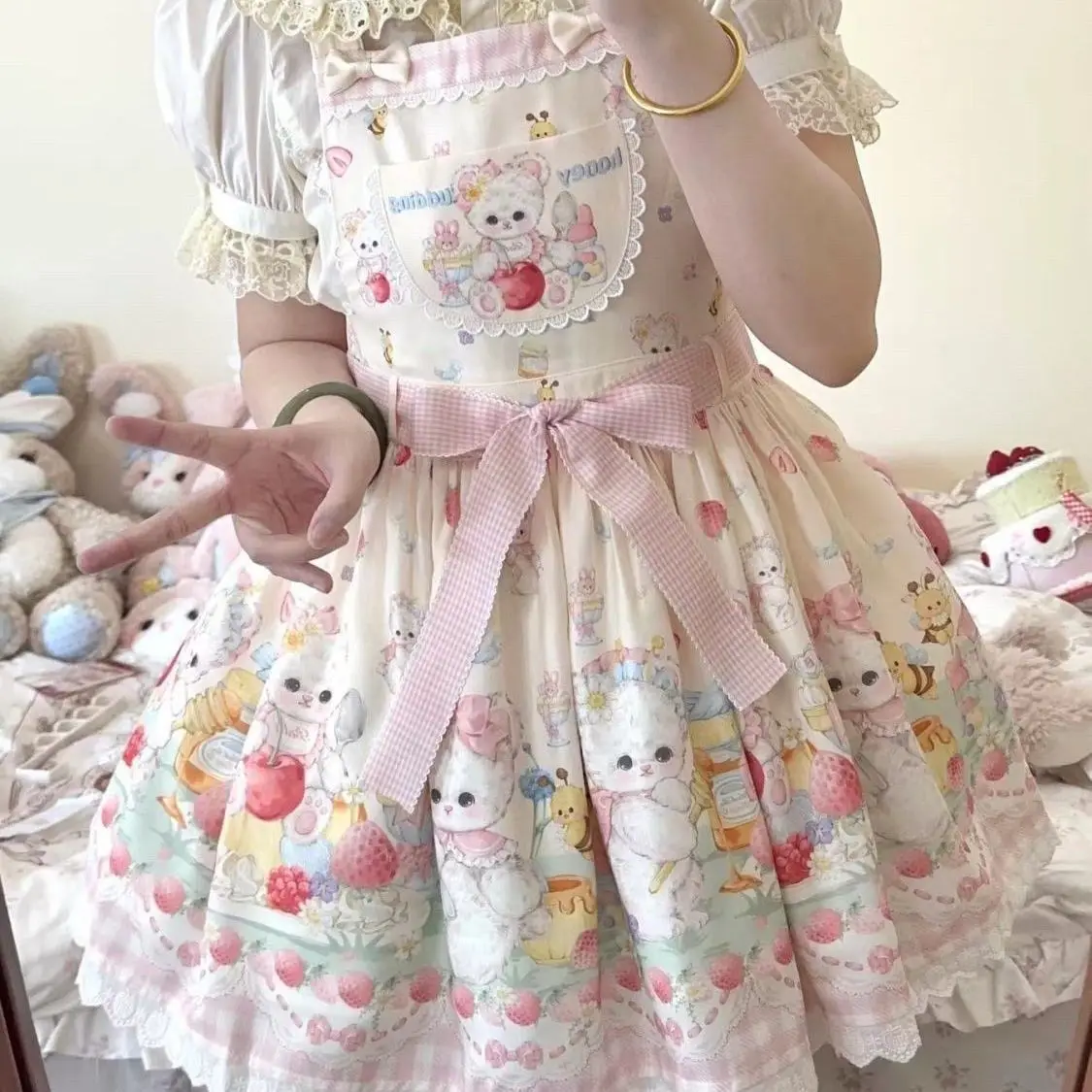 

SOIOMES Сумка с медведем Лолита Платья на плечо Женское платье Jsk Dopamine с краем и поясом Большой бант