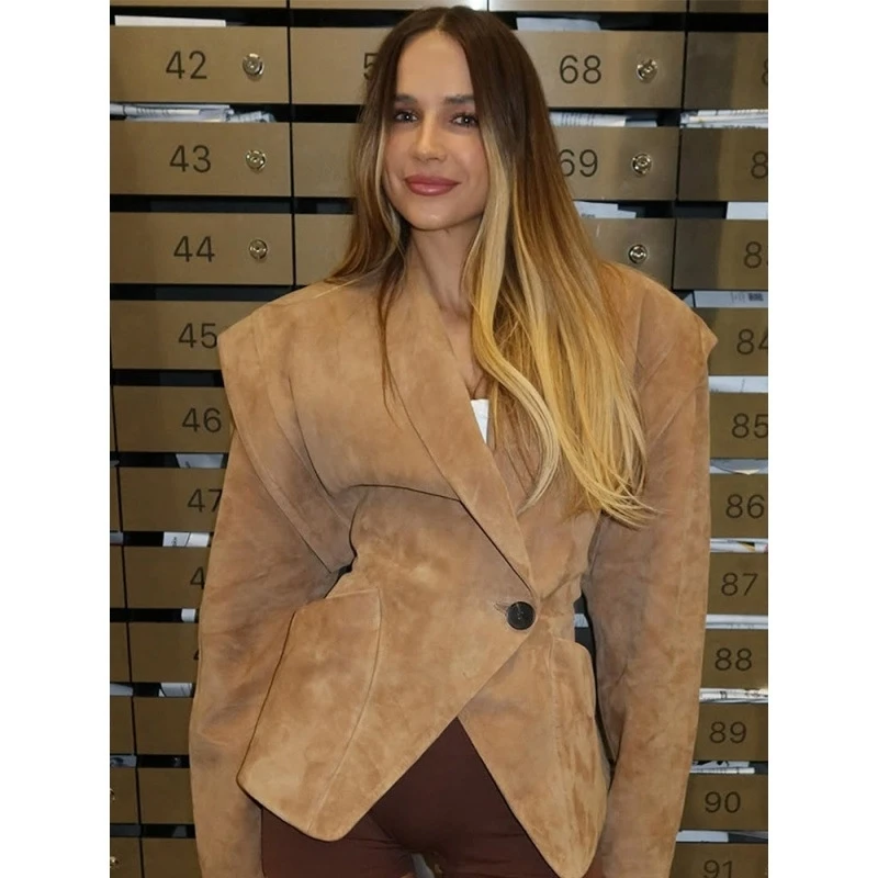 

Autumn Chic Solid One Button Suede Jacket Elegant Female Lapel Long Sleeves Shoulder Pads Coat Fashion Women Loose Street Wear
