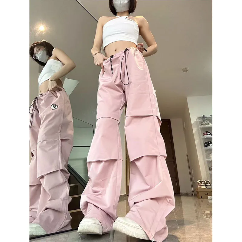 Spring Summer  Autumn New Ladies Pants Pleated Pink Overalls Female American Retro Loose Joker Straight Drawstring Waist Pants