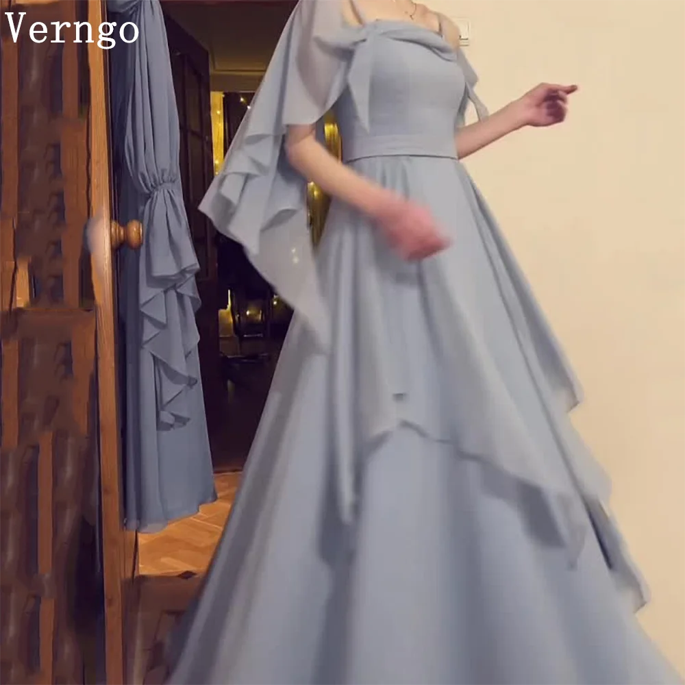 

Verngo Blue Chiiffon Flowy Evening Dress Square Collar A Line Party Dresses Romantic Pleated Prom Gowns Customized
